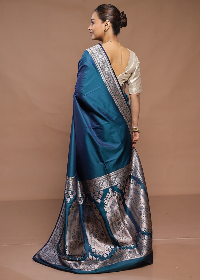 Blue Banarasi Silk Saree With Blouse Piece