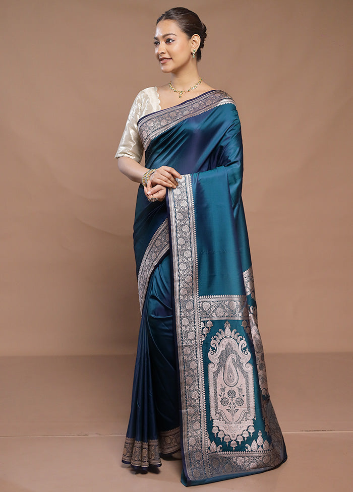 Blue Banarasi Silk Saree With Blouse Piece