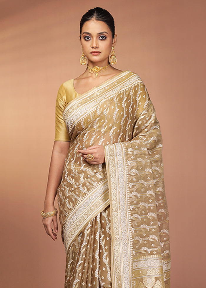 Cream Kora Silk Saree With Blouse Piece