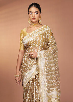 Cream Kora Silk Saree With Blouse Piece