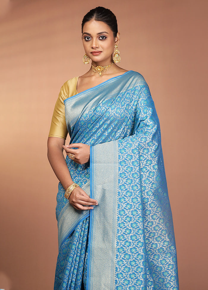 Blue Kora Silk Saree With Blouse Piece