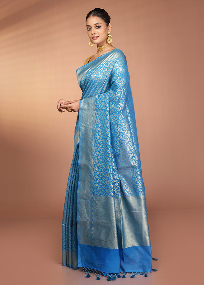 Blue Kora Silk Saree With Blouse Piece