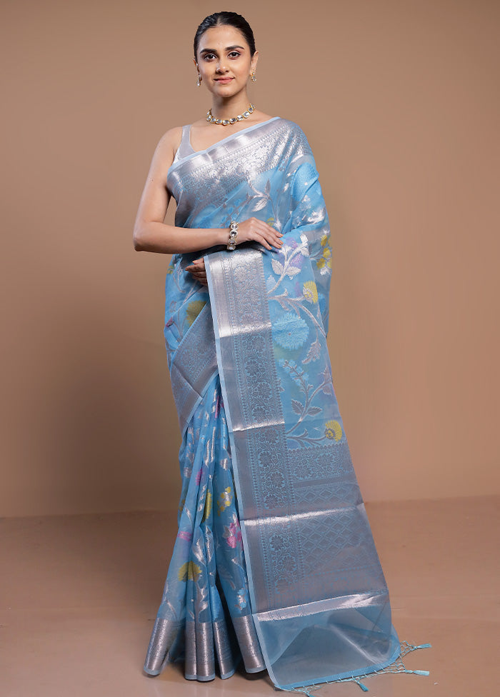 Blue Organza Saree With Blouse Piece