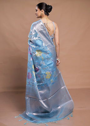 Blue Organza Saree With Blouse Piece