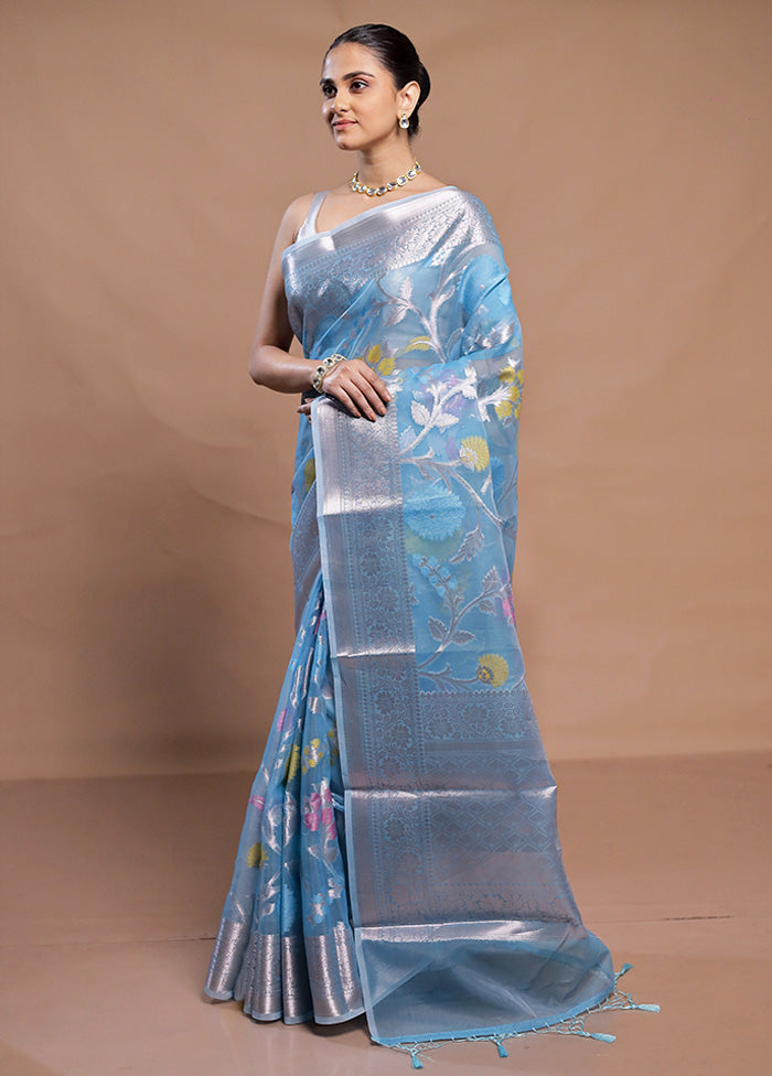 Blue Organza Saree With Blouse Piece