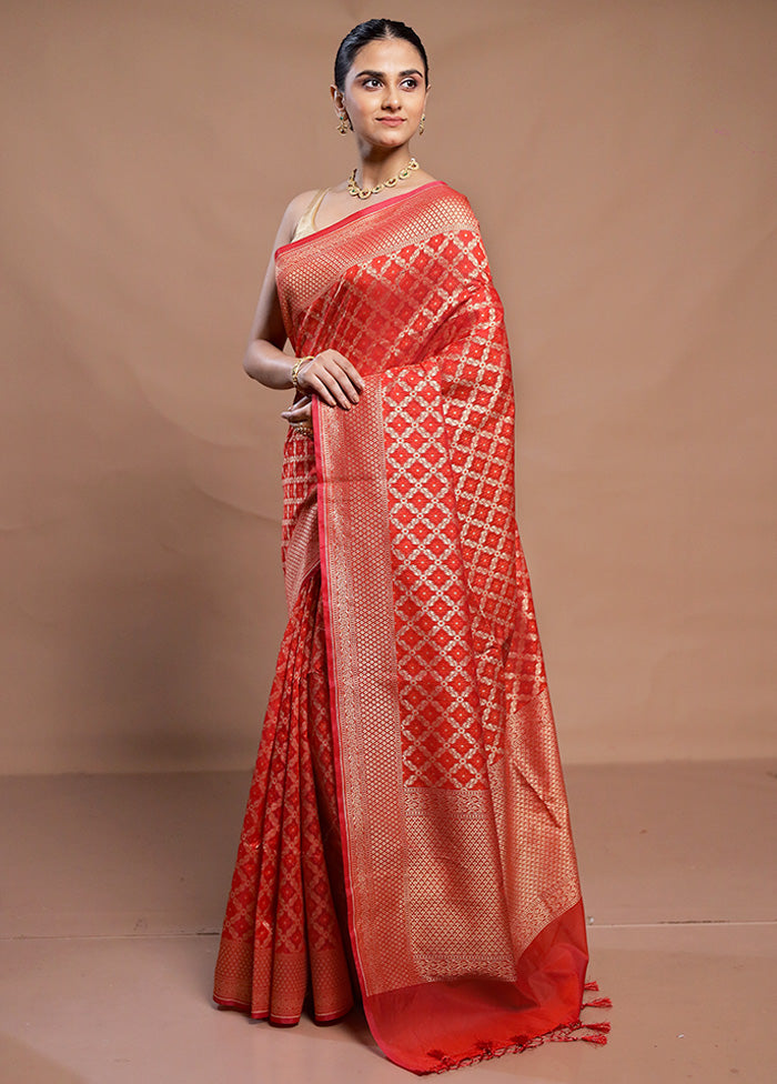 Red Kora Silk Saree With Blouse Piece