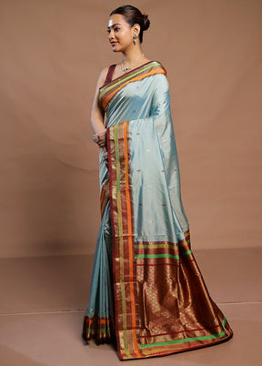 Blue Kanjivaram Silk Saree With Blouse Piece