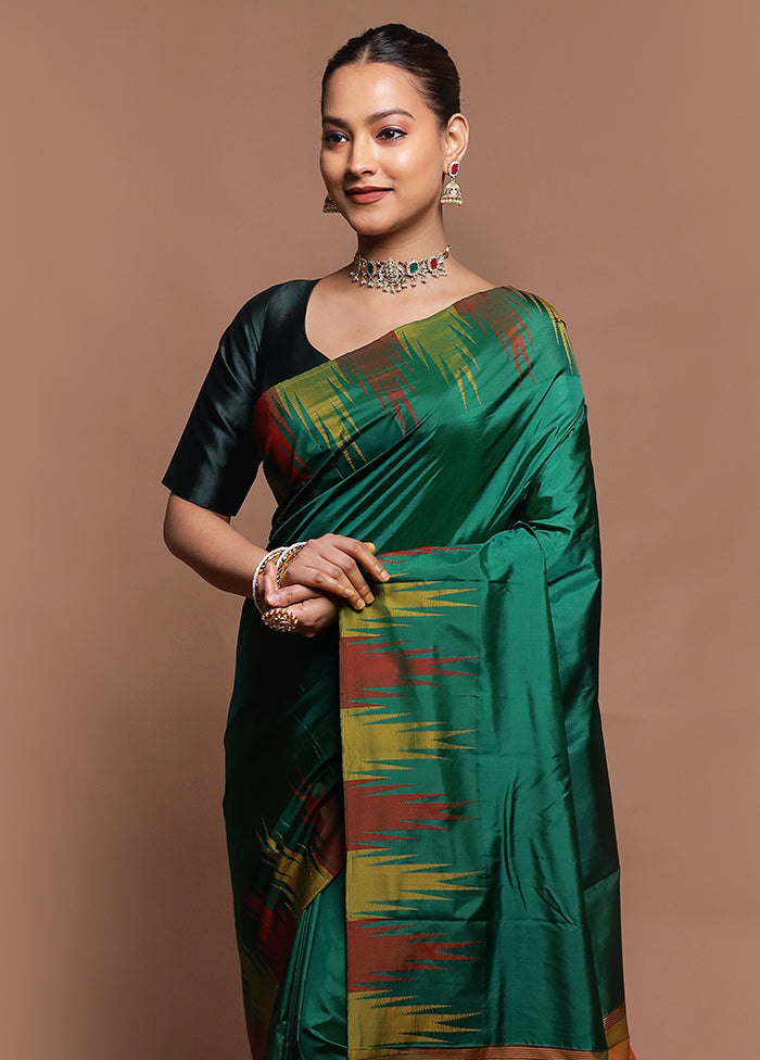 Green Handloom Kanjivaram Pure Silk Saree With Blouse Piece