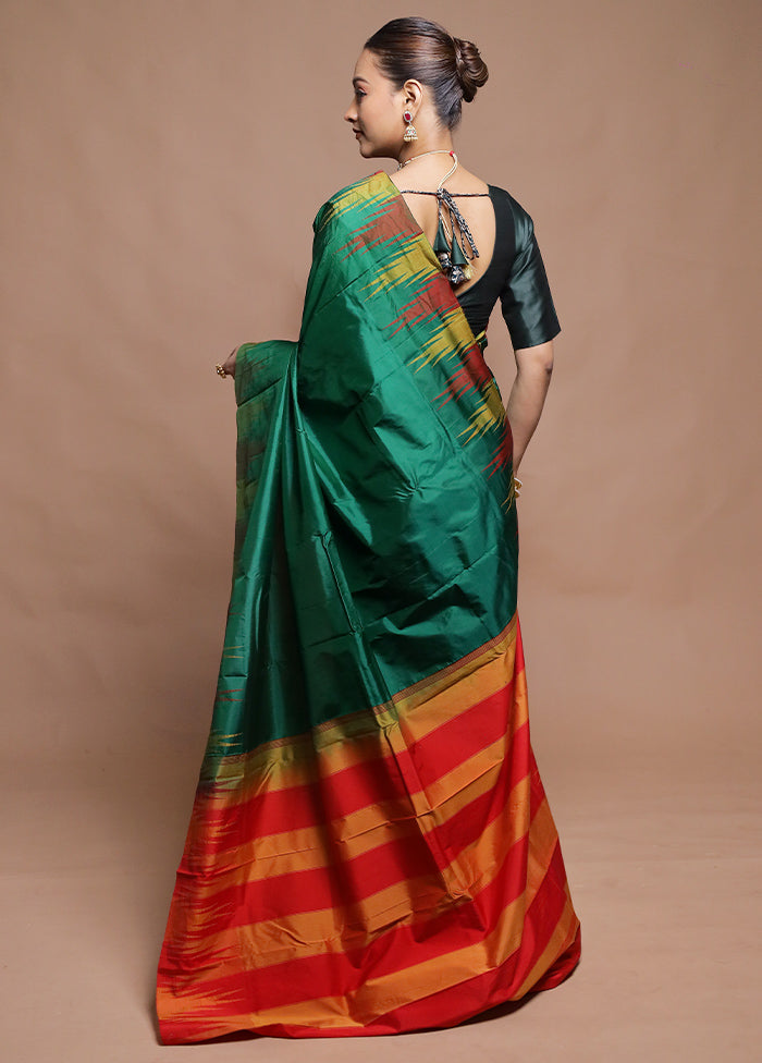 Green Handloom Kanjivaram Pure Silk Saree With Blouse Piece