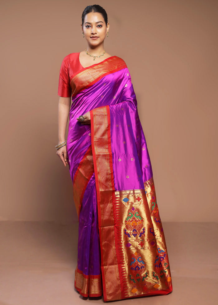 Purple Handloom Kanjivaram Pure Silk Saree With Blouse Piece