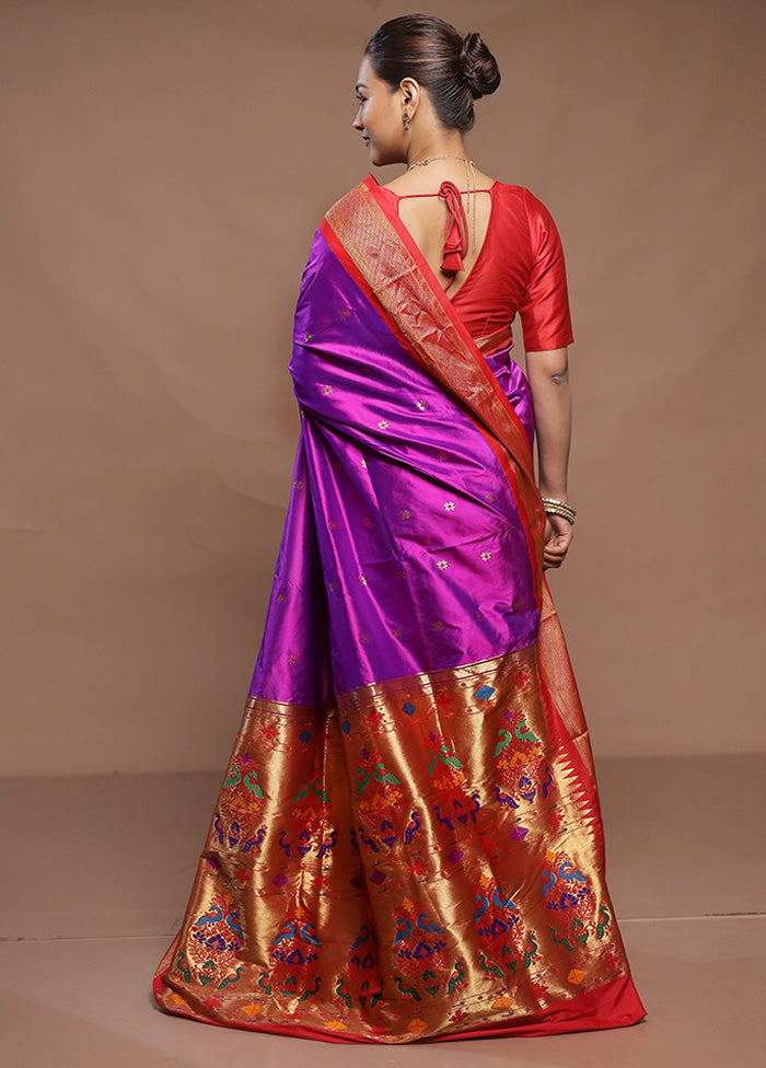 Purple Handloom Kanjivaram Pure Silk Saree With Blouse Piece