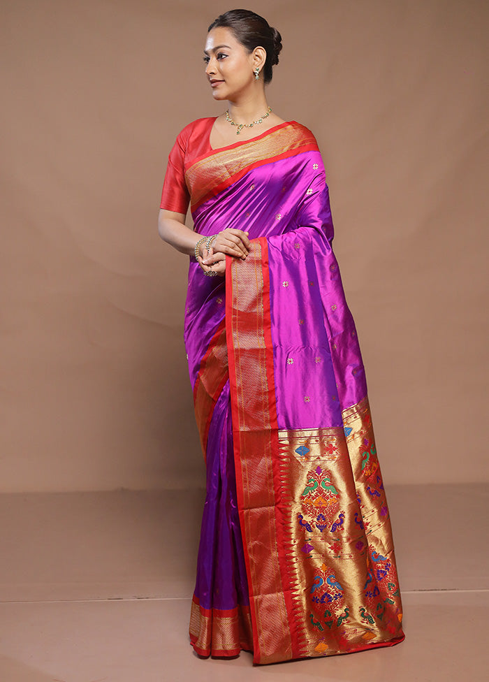 Purple Handloom Kanjivaram Pure Silk Saree With Blouse Piece