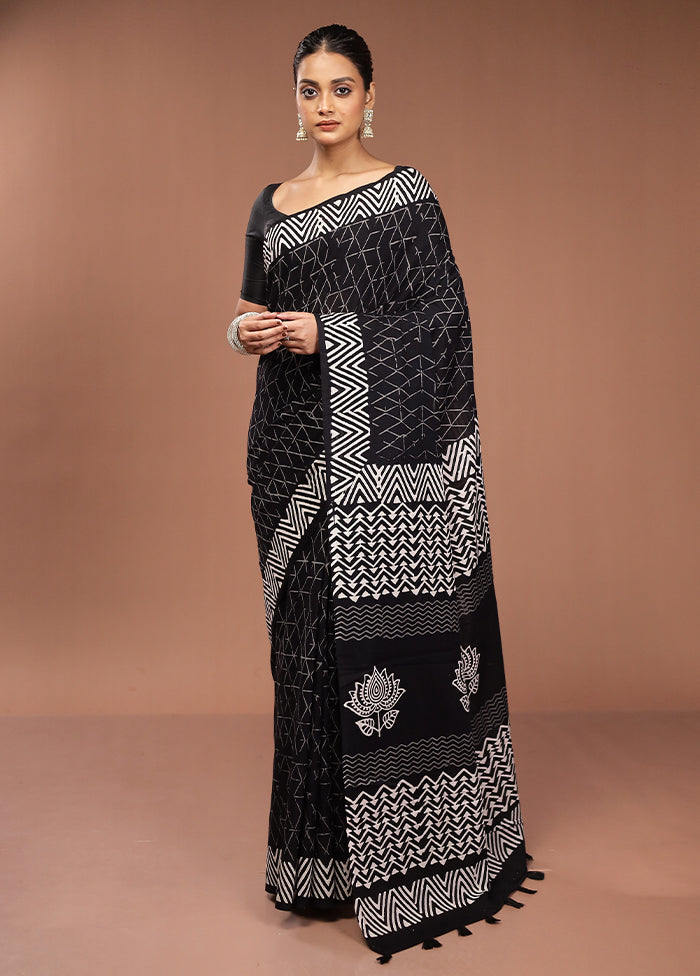 Black Chanderi Cotton Saree With Blouse Piece