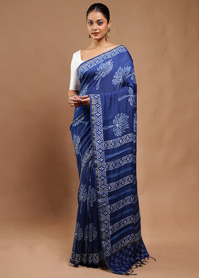 Blue Chanderi Cotton Saree With Blouse Piece