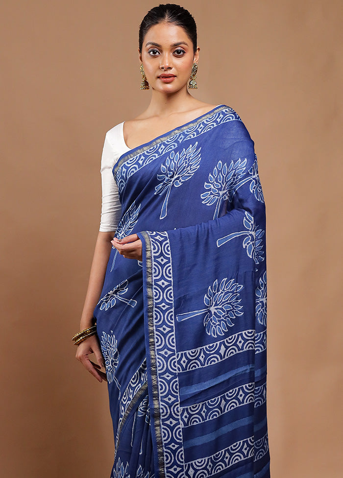 Blue Chanderi Cotton Saree With Blouse Piece