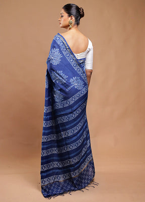 Blue Chanderi Cotton Saree With Blouse Piece