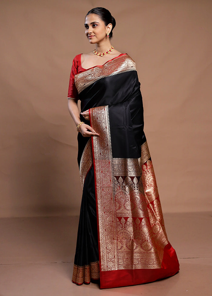 Black Banarasi Silk Saree With Blouse Piece