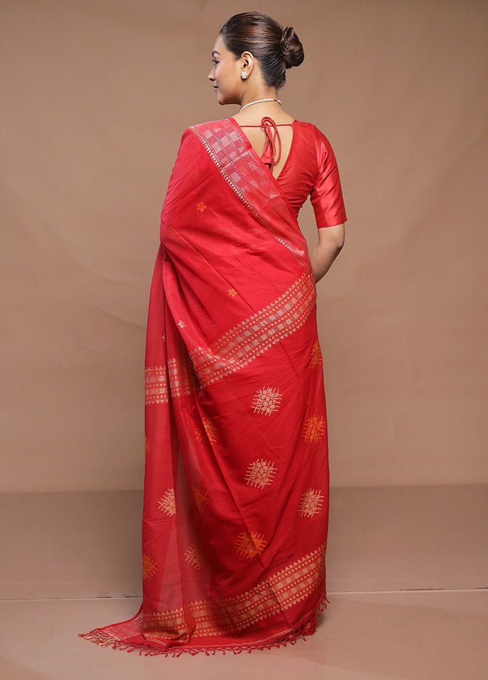 Red Cotton Saree With Blouse Piece