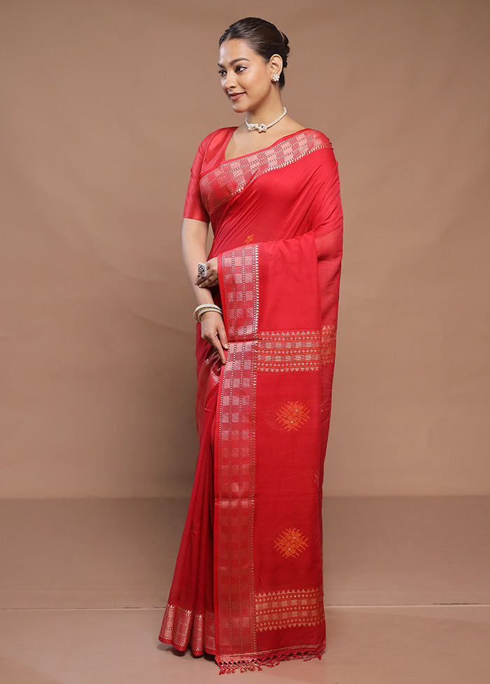 Red Cotton Saree With Blouse Piece