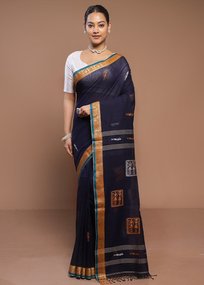 Blue Cotton Saree With Blouse Piece