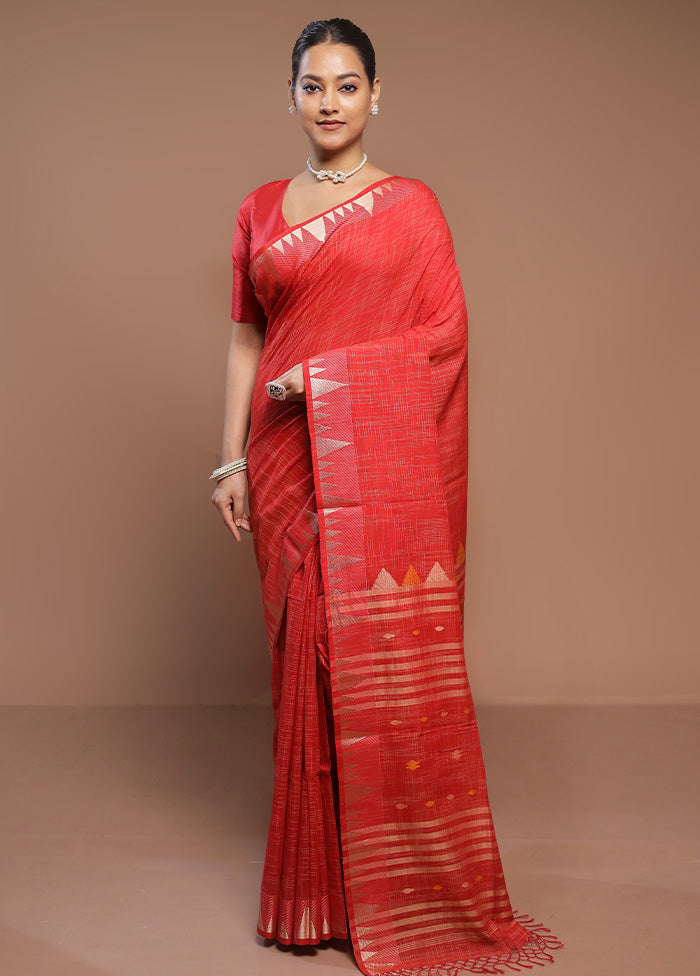 Red Cotton Saree With Blouse Piece