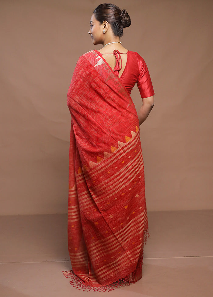 Red Cotton Saree With Blouse Piece