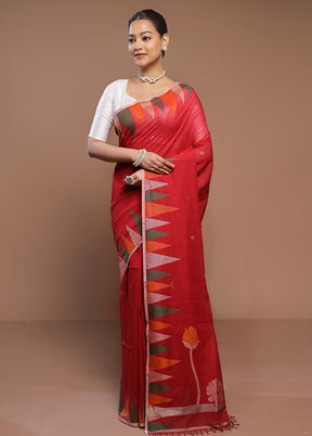 Red Cotton Saree With Blouse Piece