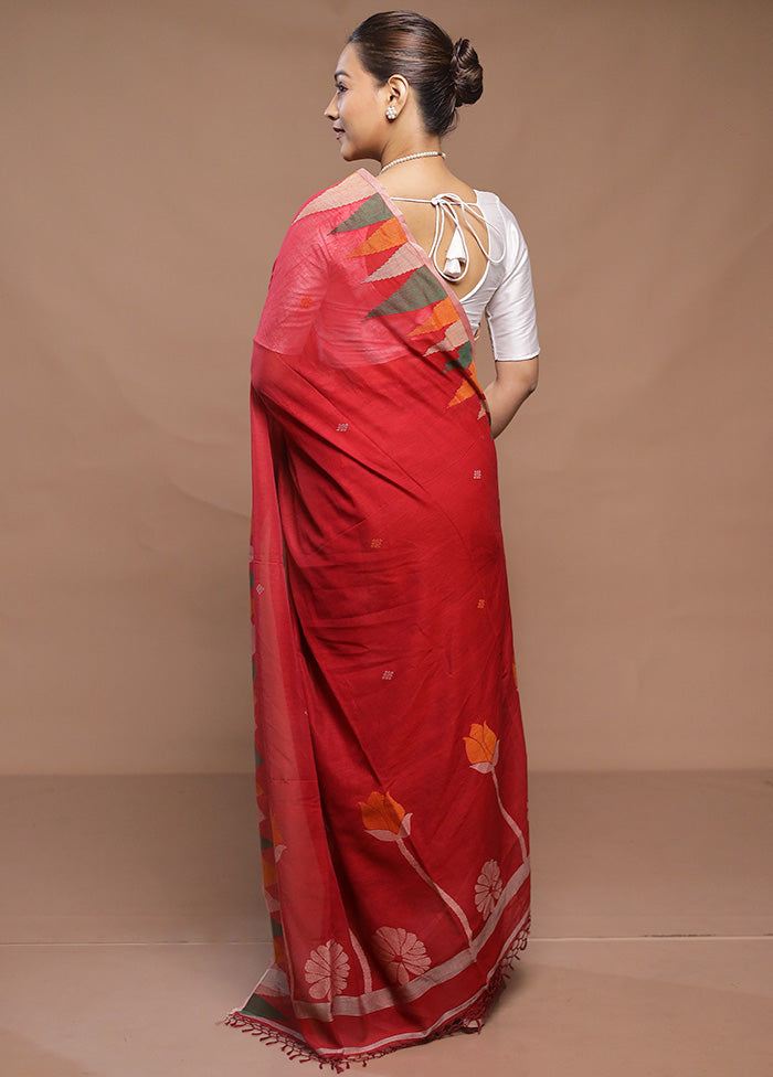 Red Cotton Saree With Blouse Piece