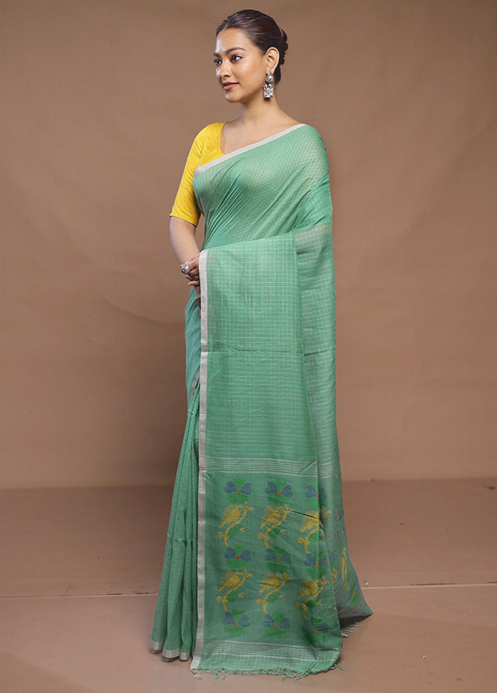 Green Cotton Saree With Blouse Piece