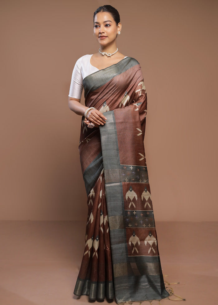 Brown Tussar Silk Saree With Blouse Piece