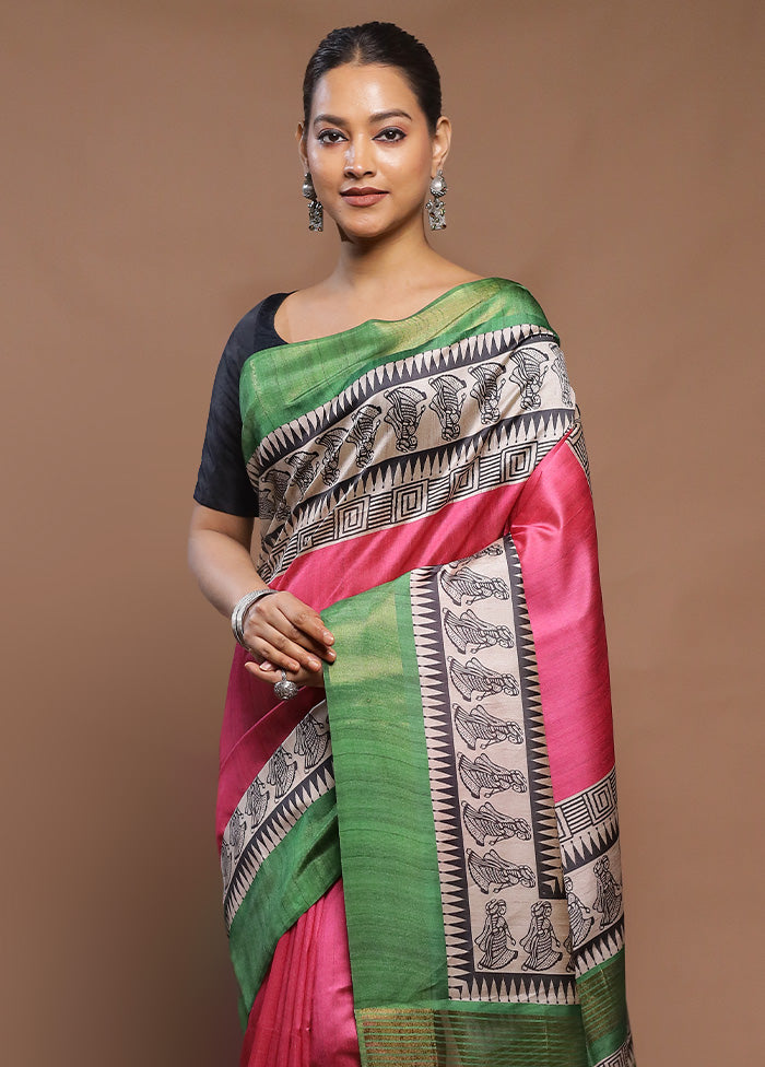 Pink Tussar Silk Saree With Blouse Piece