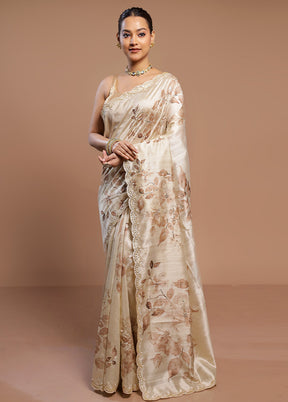 Cream Handloom Tussar Pure Silk Saree With Blouse Piece