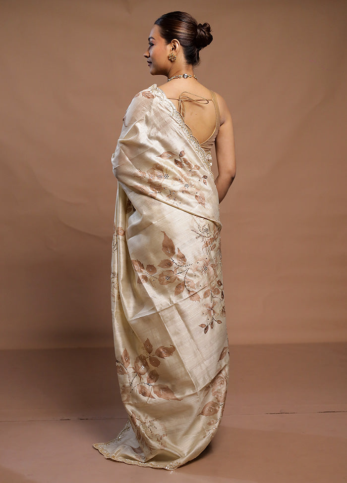 Cream Handloom Tussar Pure Silk Saree With Blouse Piece