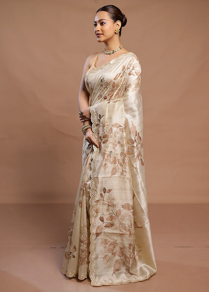 Cream Handloom Tussar Pure Silk Saree With Blouse Piece