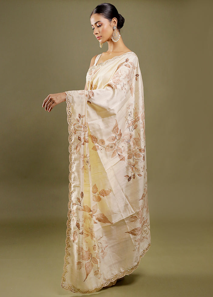 Cream Handloom Tussar Pure Silk Saree With Blouse Piece