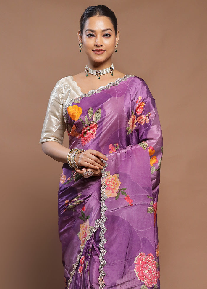 Purple Printed Pure Silk Saree Without Blouse Piece