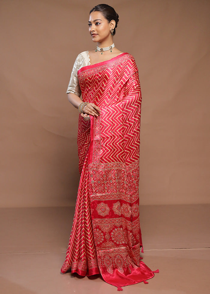 Pink Printed Pure Silk Saree Without Blouse Piece