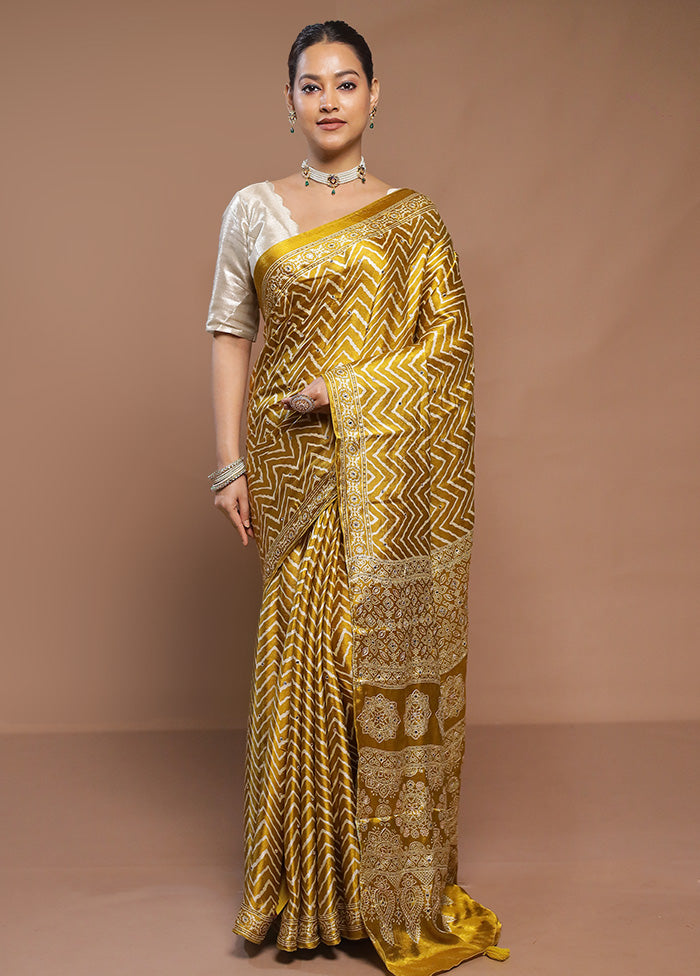 Yellow Printed Pure Silk Saree Without Blouse Piece