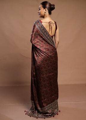 Maroon Handloom Tussar Pure Silk Saree With Blouse Piece