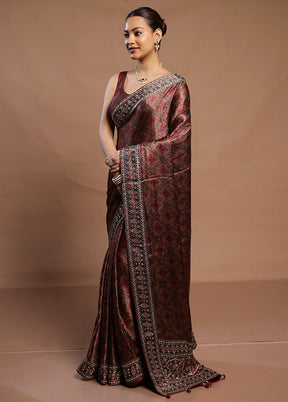 Maroon Handloom Tussar Pure Silk Saree With Blouse Piece