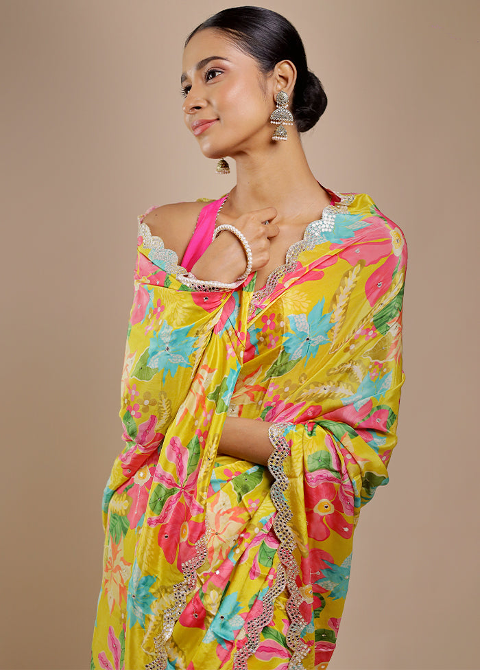 Yellow Printed Pure Silk Saree With Blouse Piece