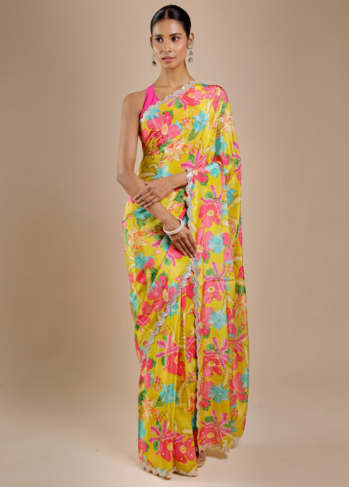 Yellow Printed Pure Silk Saree With Blouse Piece