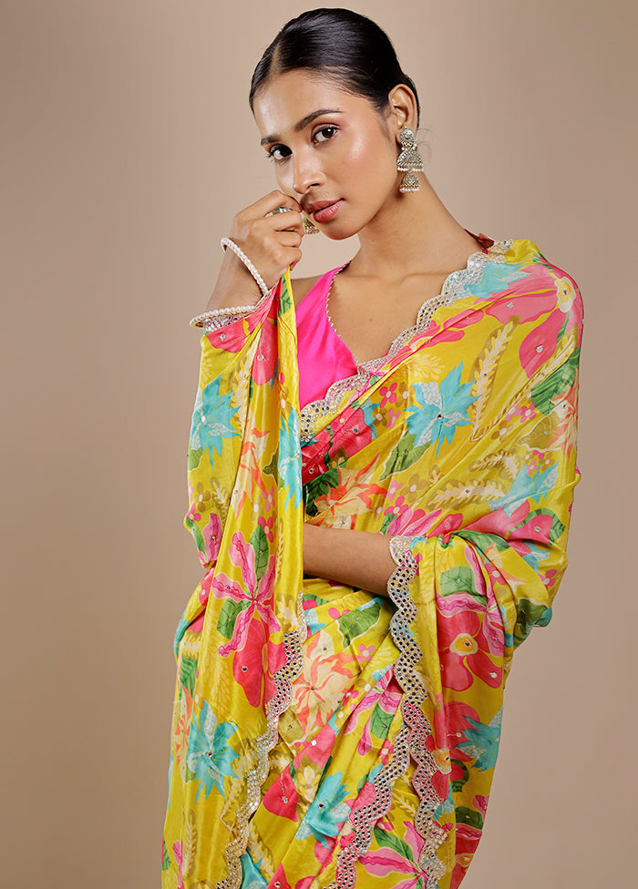 Yellow Printed Pure Silk Saree With Blouse Piece