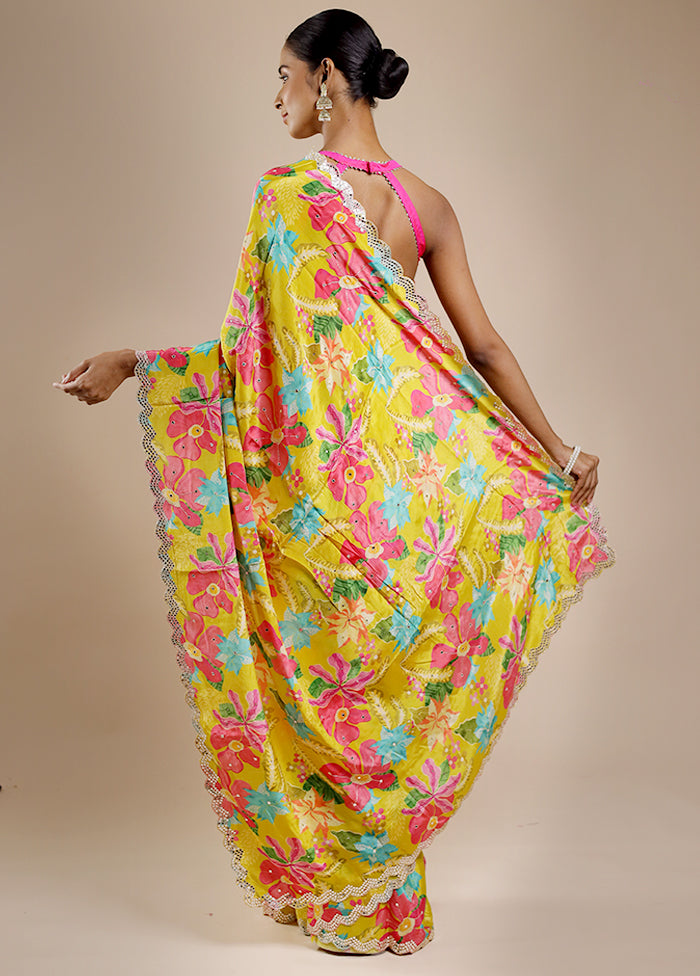 Yellow Printed Pure Silk Saree Without Blouse Piece
