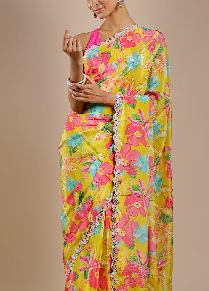 Yellow Printed Pure Silk Saree Without Blouse Piece