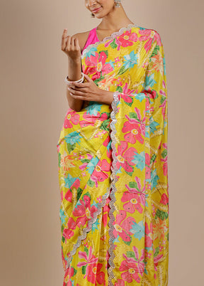 Yellow Printed Pure Silk Saree Without Blouse Piece