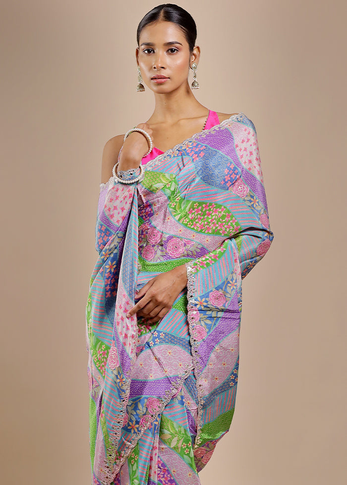 Multicolor Printed Pure Silk Saree With Blouse Piece