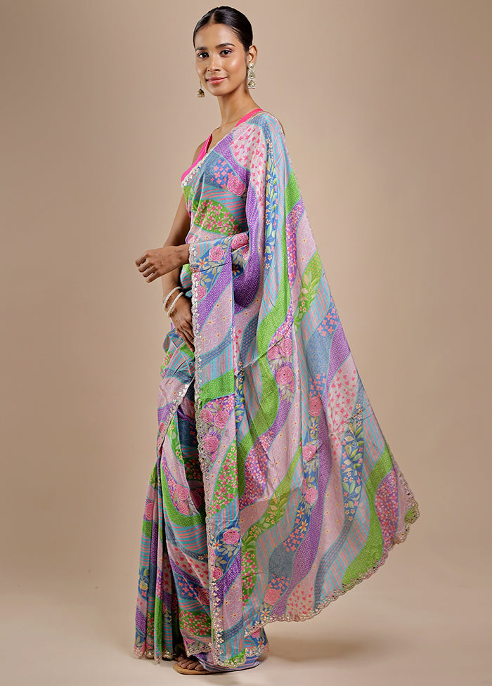 Multicolor Printed Pure Silk Saree With Blouse Piece