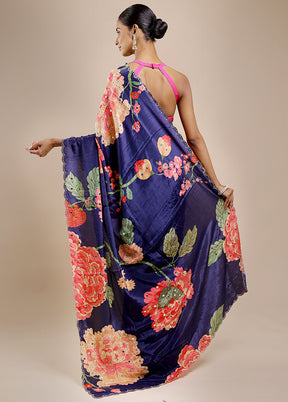 Blue Printed Pure Silk Saree Without Blouse Piece