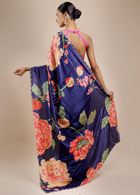 Blue Printed Pure Silk Saree Without Blouse Piece